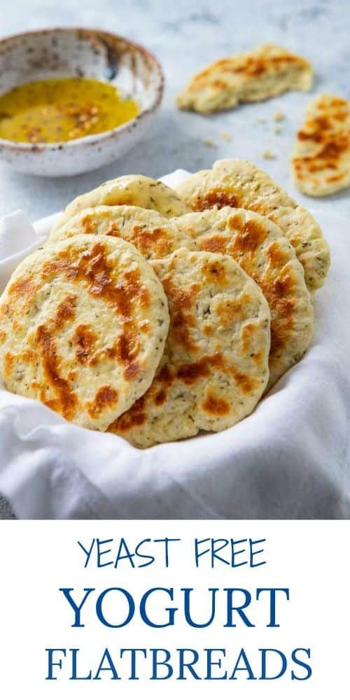 the recipe for yogurt flatbreads is shown in front of a bowl with dipping sauce