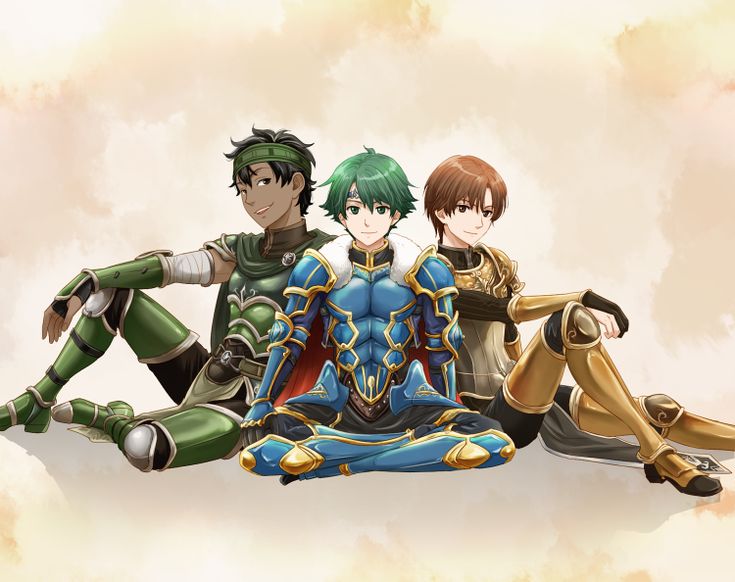 three anime characters sitting on the ground with their arms around each other's backs