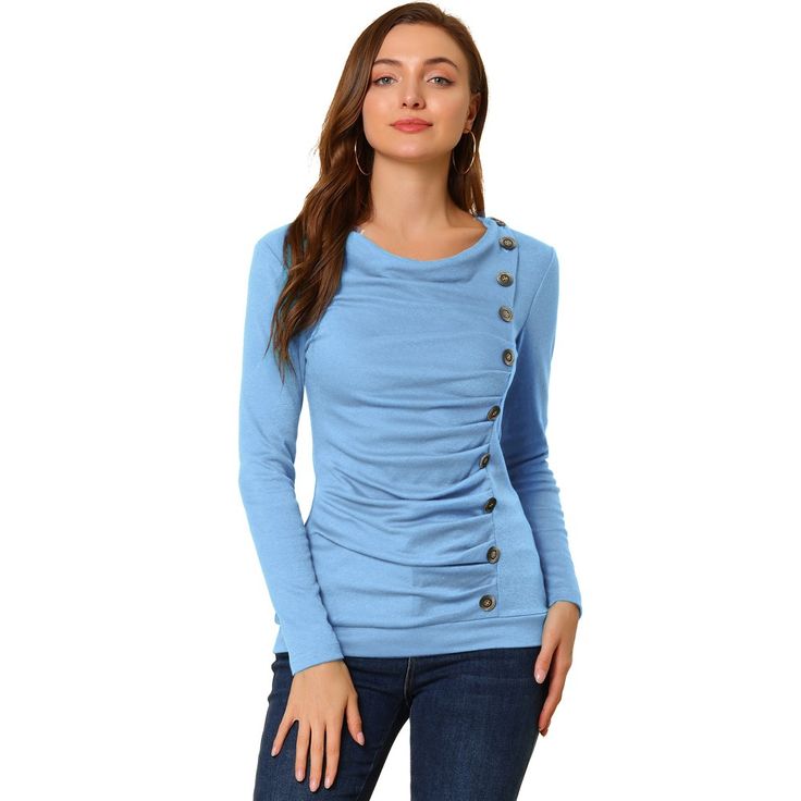 Show your feminine style with this ruched drape neck slim top. This long-sleeved pullover top is one of the must-have items in your wardrobe. The slim cut can show your charming silhouette, and the button decor adds a casual feel. Feel free to pair it with jeans and boots for a smart look. Day-to-Night, Weekend Gathering, Vacation, Office, School, Dating, etc. Long Sleeve Ruched Blouse For Fall, Blue Ruched Long Sleeve Top, Blue Long Sleeve Ruched Top, Ruched Long Sleeve Top For Fall, Ruched Long Sleeve Tops For Winter, Long Sleeve Ruched Winter Tops, Winter Ruched Long Sleeve Tops, Blue Ruched Long Sleeve Blouse, Long Sleeve Blue Ruched Blouse