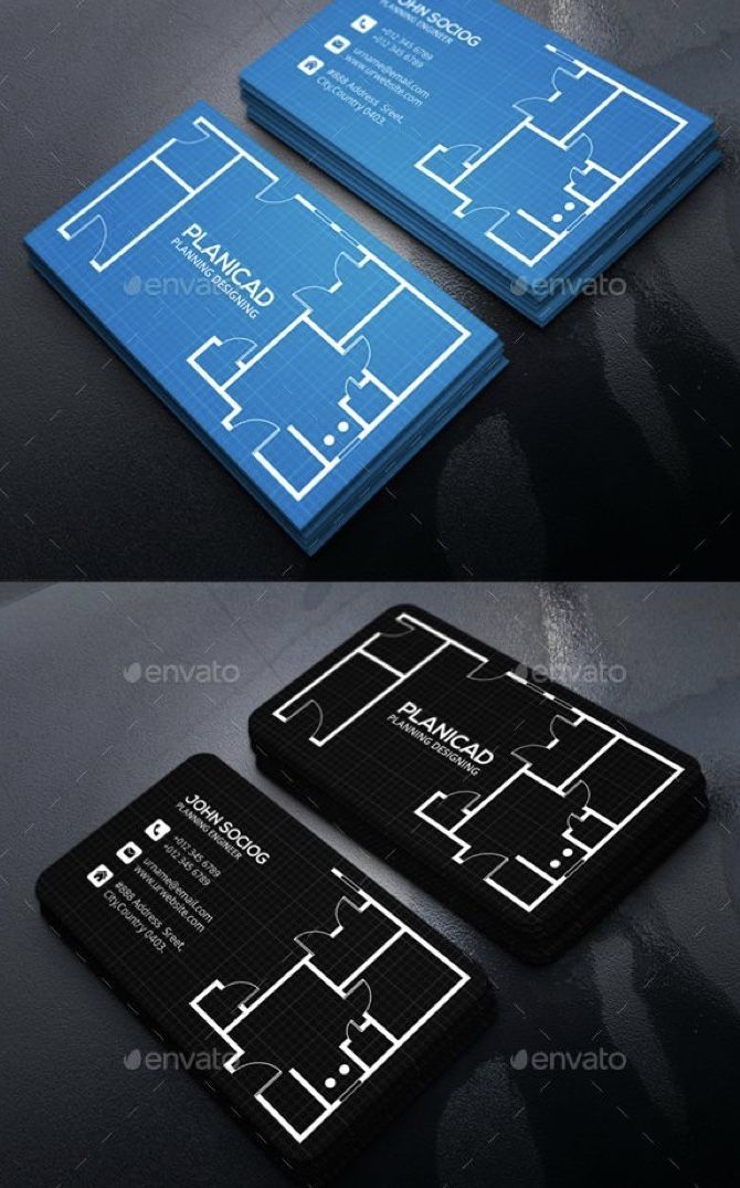 business card mockup with blueprinted design on the front and back, in two different