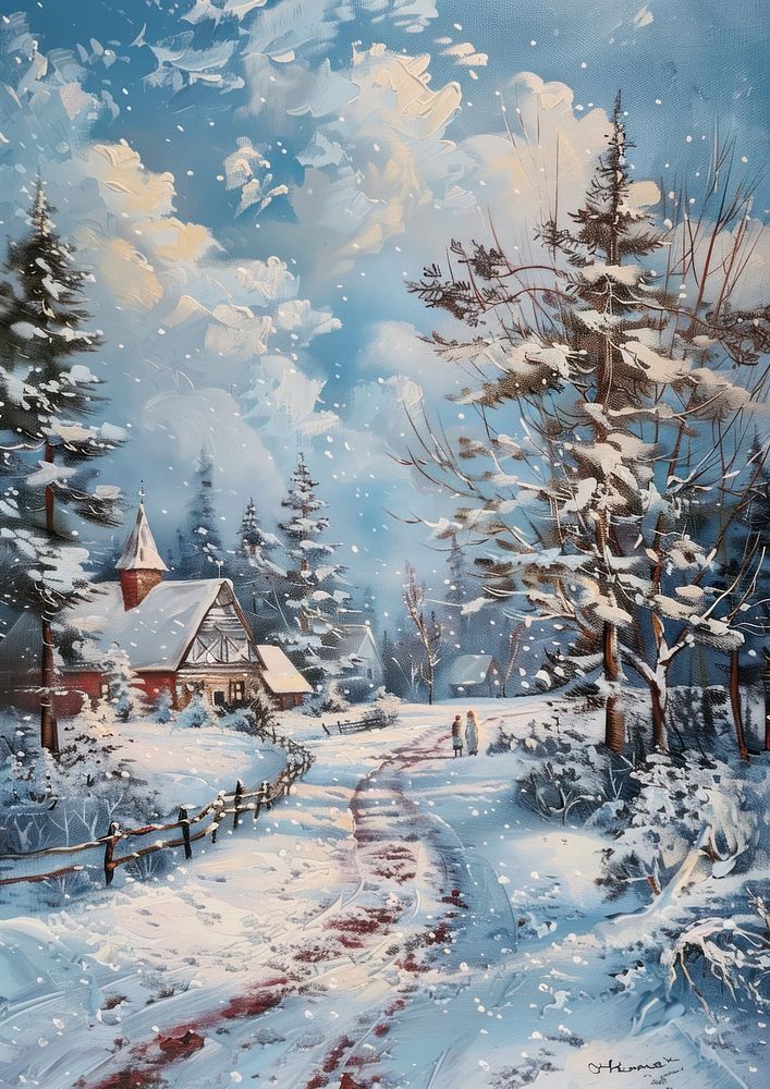 a painting of a winter scene with people walking in the snow near a house and trees