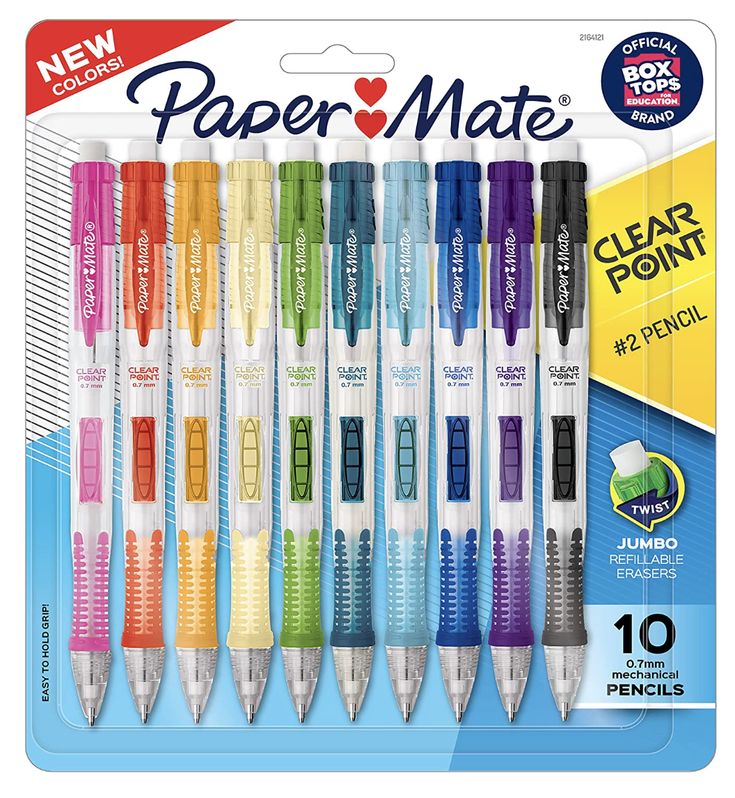 six different colored pens in a package with the words paper mate written on each one