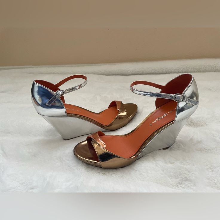 Via Spiga V-Danice Sandals. Size: 8m. Color: Methalic Silver, And Mix Of Bronze Colors With Strap And Silver Buckle. Heel: 3 1/2” Inches High. Beautiful Design. Never Worn. Chic Metallic Sandals For Spring, Chic Metallic Sandals For Summer, Modern Gold Wedge Sandals For Party, Metallic Open Toe Heels For Summer, Metallic Sandals For Spring Formal, Metallic Ankle Strap Sandals For Summer, Metallic Sandals With Heel Strap For Spring, Metallic Open Toe Sandals For Spring, Metallic Open Heel Sandals For Summer