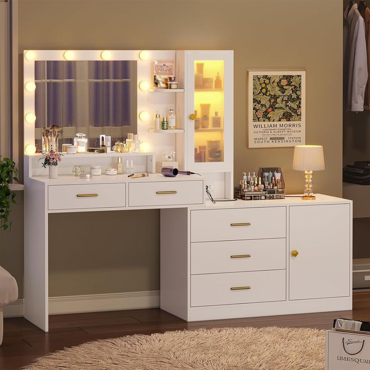 a white vanity with lights on it in a room next to a chair and rug