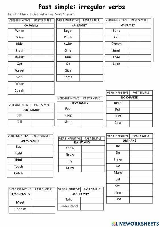 the past simple irregular verbs worksheet is shown in black and white,