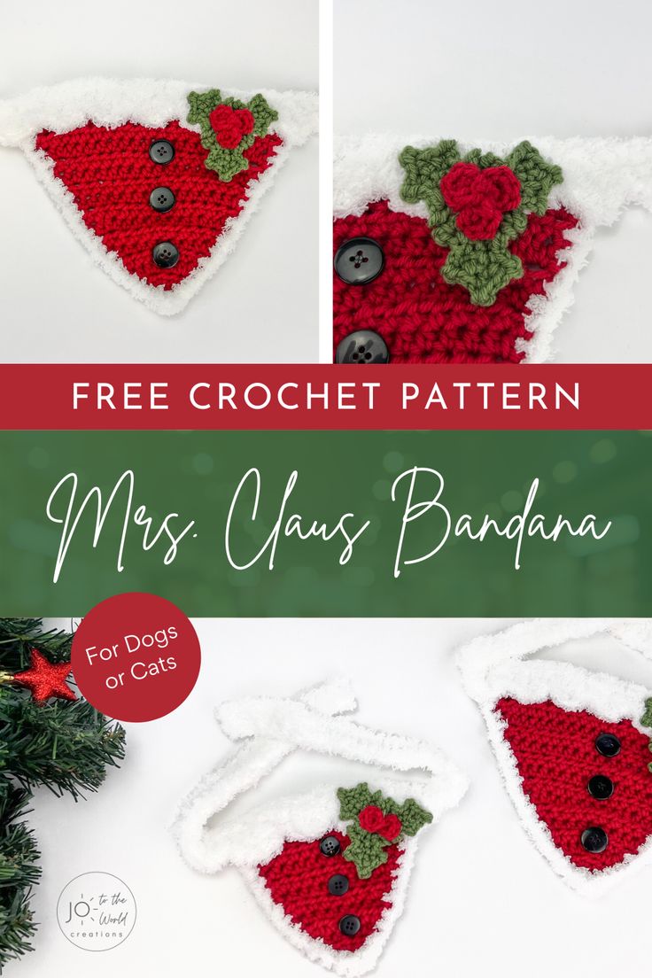 crochet pattern for mrs claus bandana with red berries and green leaves on it