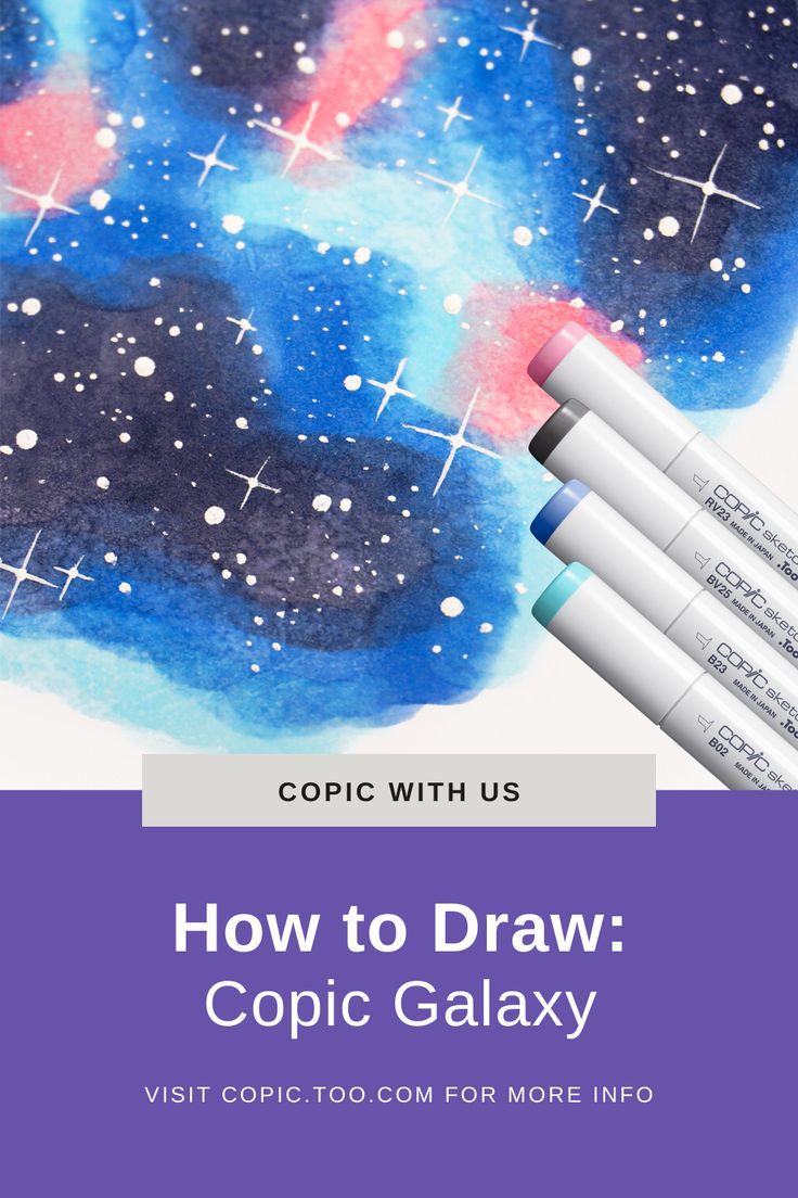 three crayons are sitting next to each other with the words, how to draw copic galaxy