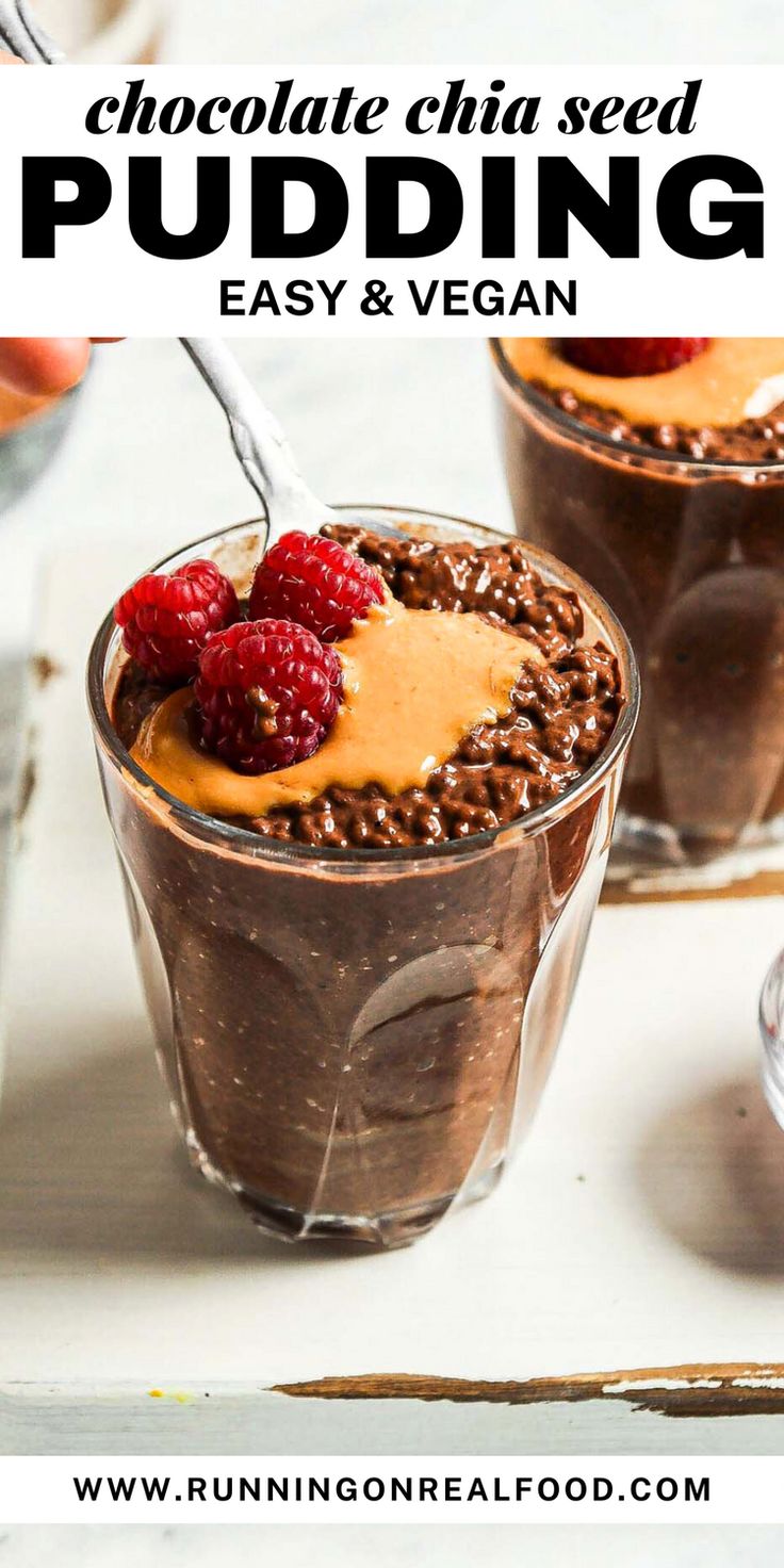 chocolate chia seed pudding with raspberries on top