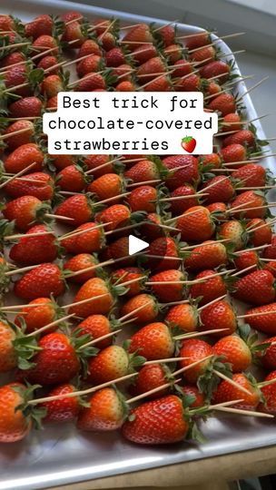 strawberries are lined up on a tray with toothpicks sticking out of them