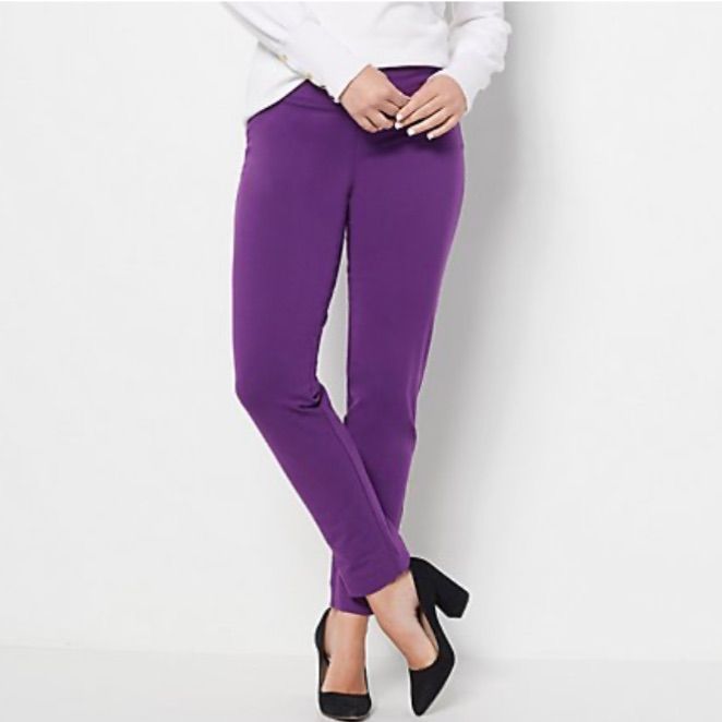 Brand New With Tags! Iman’s Global Chic Line Is Made To Be Able To Pack Easily For Your Next Adventure! Gorgeous Regal Purple Pants Come With 360 Degree Slimming Technology To Hold You In Comfortably And Feel As Good As You Look! Faux Pockets In Rear Keep Your Silhouette Sleek While Adding A Little Style. Easy Pull-On Pants Means No Fumbling With Buttons Or Zipper! Measures 14.5” At Waist Laying Flat Before Stretch And Has A 28.5” Inseam. Measures 39” From Waist To Hemline. Fitted Purple Tapered Leg Bottoms, Purple Stretch Elastane Pants, Fitted Purple Tapered Leg Pants, Elegant Purple Ankle-length Pants, Stretch Straight Leg Purple Pants, Purple Straight Leg Stretch Pants, Purple Stretch Straight Leg Pants, Stretch Ankle-length Purple Pants, Purple Stretch Ankle-length Pants