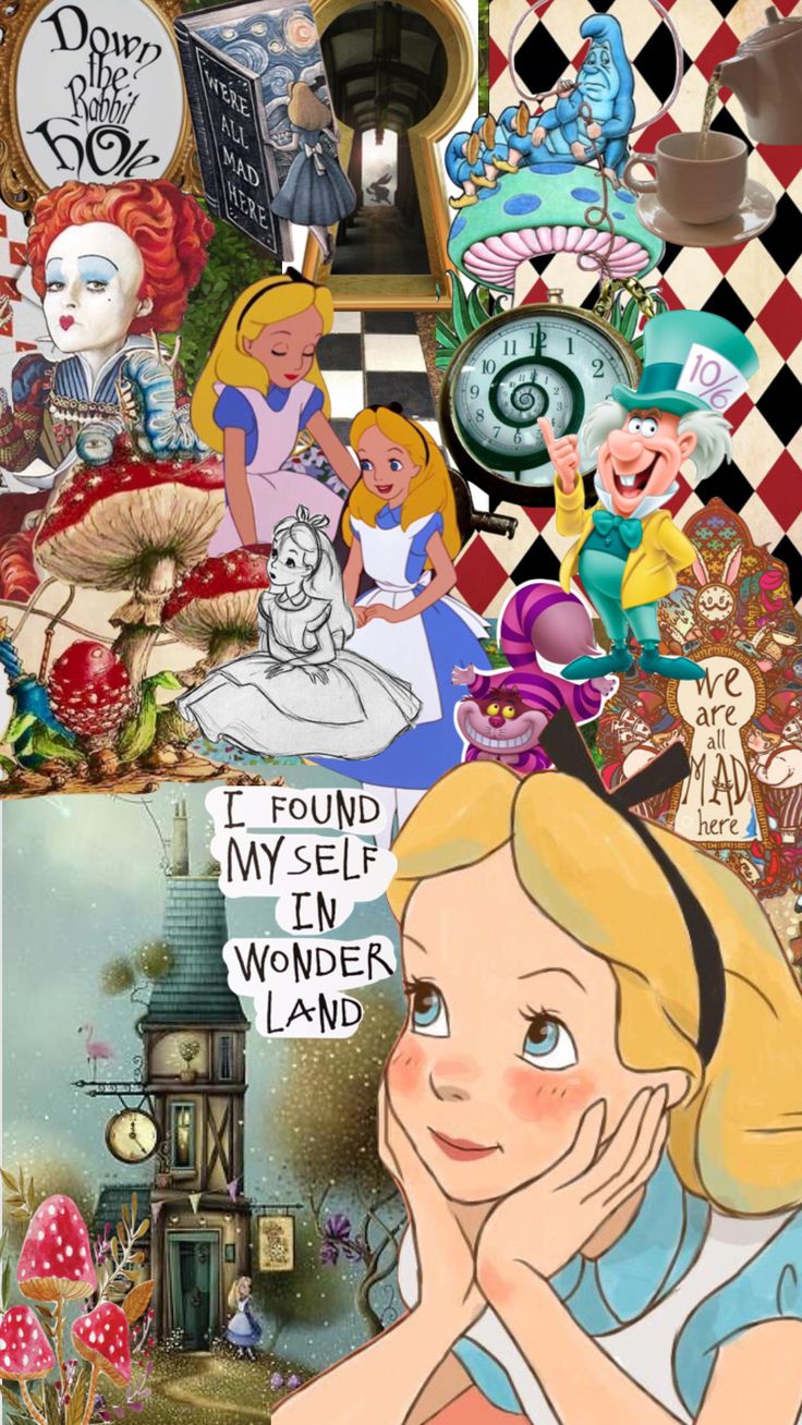 the collage has many different pictures and words on it, including an image of alice