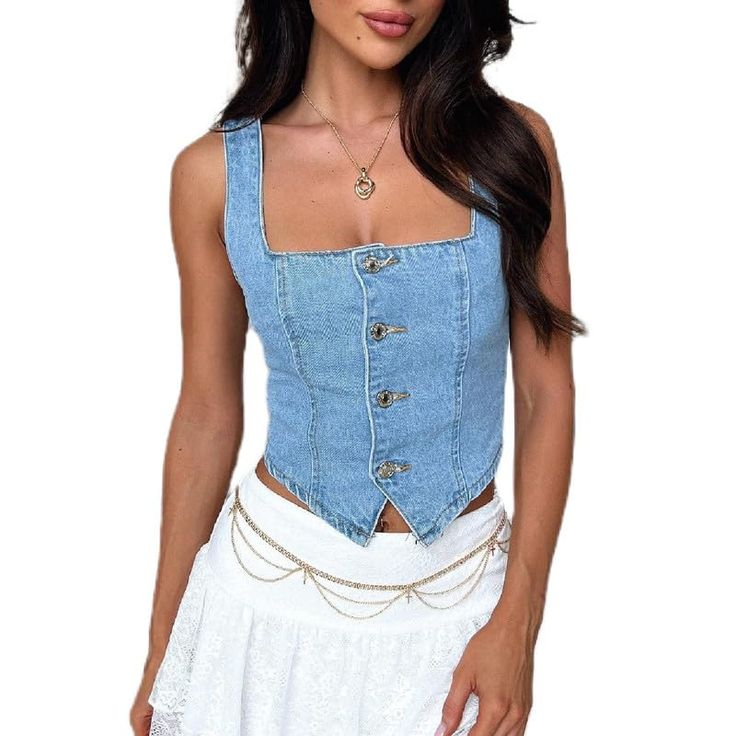 PRICES MAY VARY. ✿Material:This sleeveless jean tank top is made of 100% polyester, soft and breathable, some stretchy, lightweight denim gilet give you a cozy free wearing experience.What you will have is: jean cropped vest,jean vest,denim top,denim vest top for women,denim crop vest for women,spaghetti vest color block. ✿Features:Cute solid bodycon vest for women features with a stretchy feel, deep neckline,sleeveless,backless, button down, button-up,wide adjustable shoulder straps,slim,croppe Denim Tank Top Outfit, Outfit Ideas Easy, Samba Outfit Ideas, Denim Gilet, Vest Y2k, Womens Denim Vest, Adidas Samba Outfit, Jeans Tank Top, Vest Denim