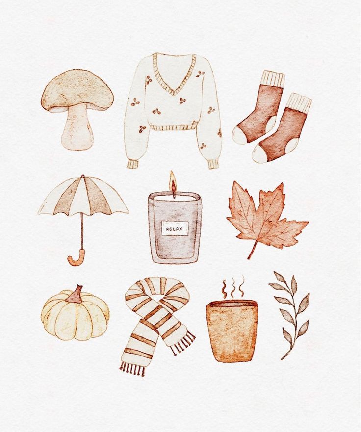 a watercolor drawing of autumn items