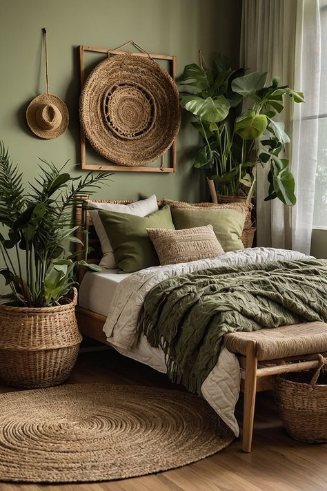 a bedroom with green walls and plants in baskets on the bed, along with wicker furniture