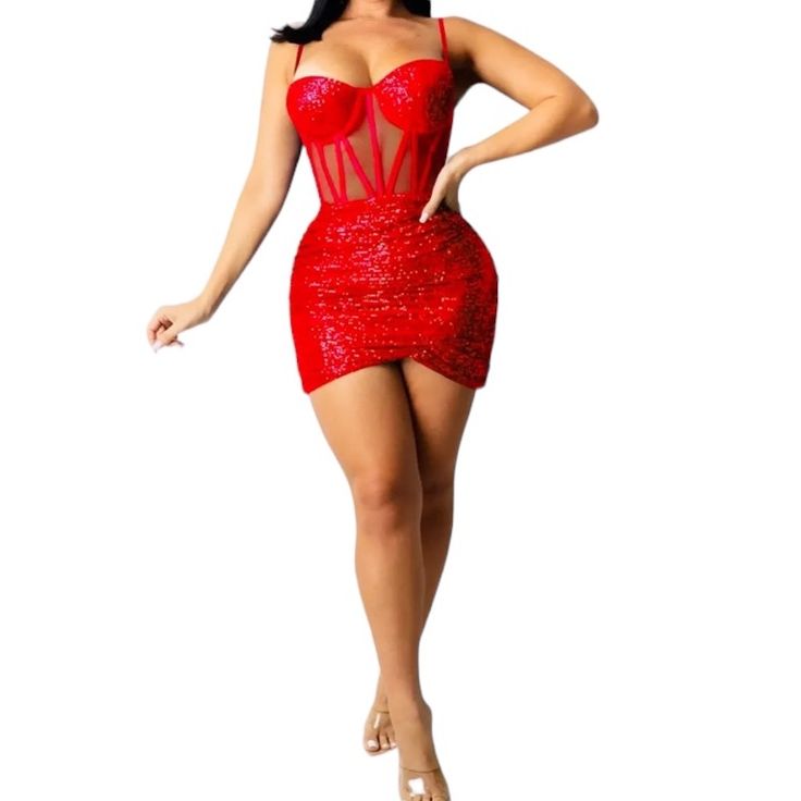 Sexy Spaghetti Strap Adjustable Dress, Sequin Rushed Bodycon Mini Dress Above The Knee. Deep V Neck, Padded Bra With Tight Slim Fitted Mesh See Through Waistline. S-2xl Size Runs Small Do Recommend To Size Up. Flirty Fitted Red Corset Dress, Red Fitted Flirty Corset Dress, Flirty Party Corset Dress With Built-in Bra, Red Fitted Mini Dress With Built-in Bra, Flirty Corset Dress With Built-in Bra For Party, Sweetheart Neckline Mini Dress With Built-in Bra For Party, Red Corset Dress With Sweetheart Neckline For Summer, Chic Red Mini Dress With Straps, Chic Red Corset Dress For Summer