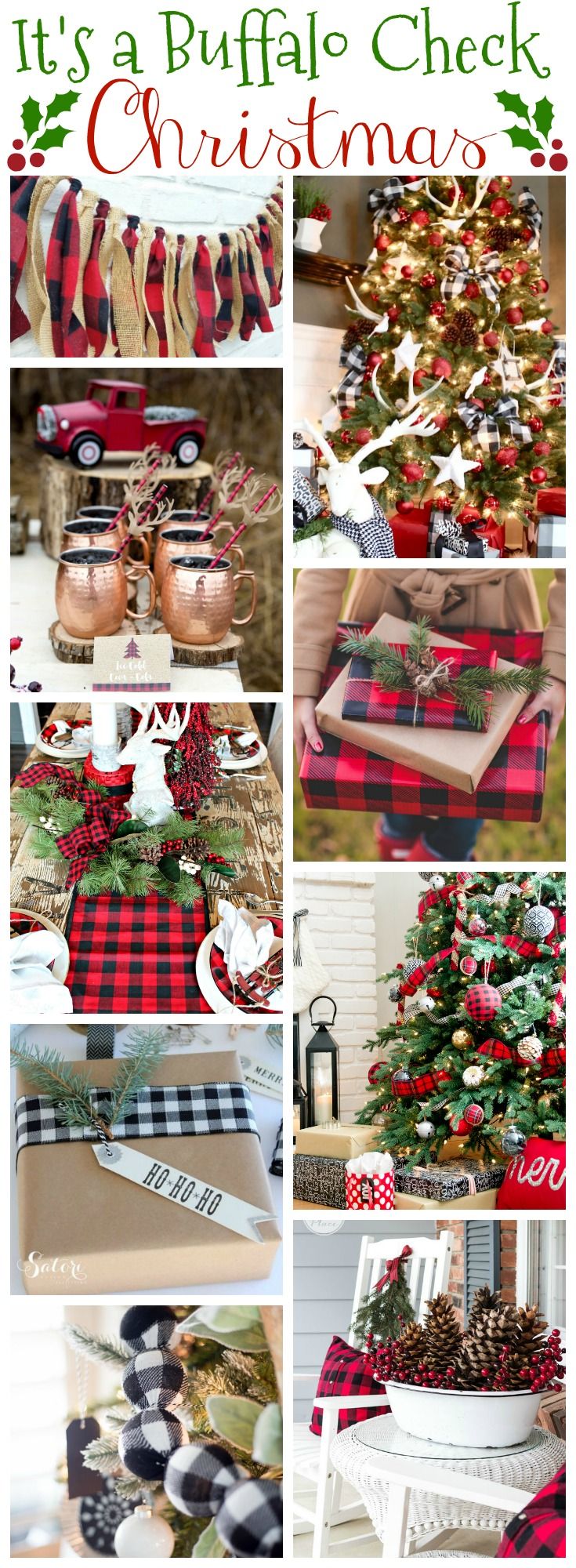 a collage of photos with christmas decorations and plaid table cloths on it, including pine