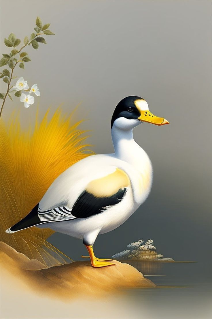 a painting of a duck standing on a rock next to a flower and grass area