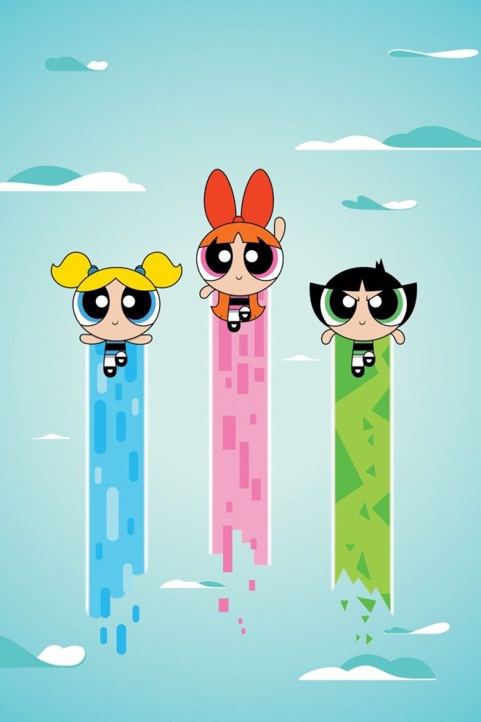 the powerpuff girls cartoon characters are standing in front of blue sky and clouds