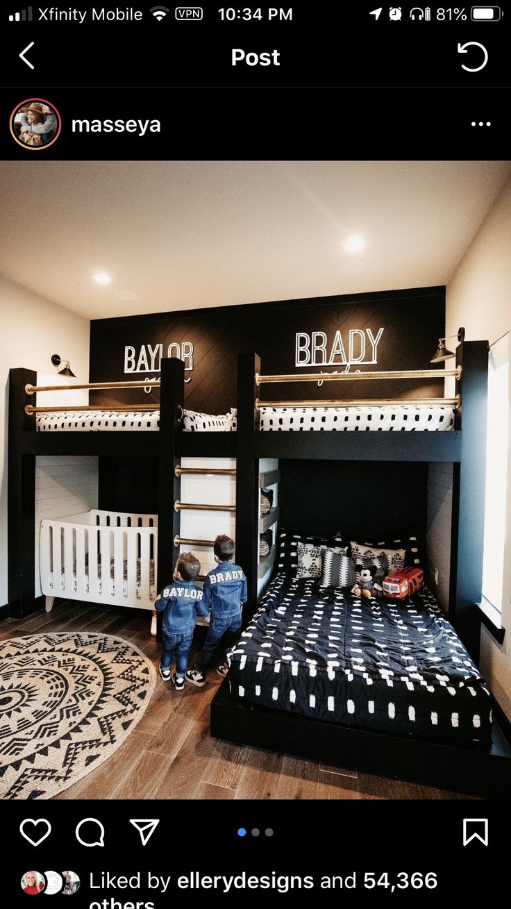 a kid's bedroom with bunk beds and rugs