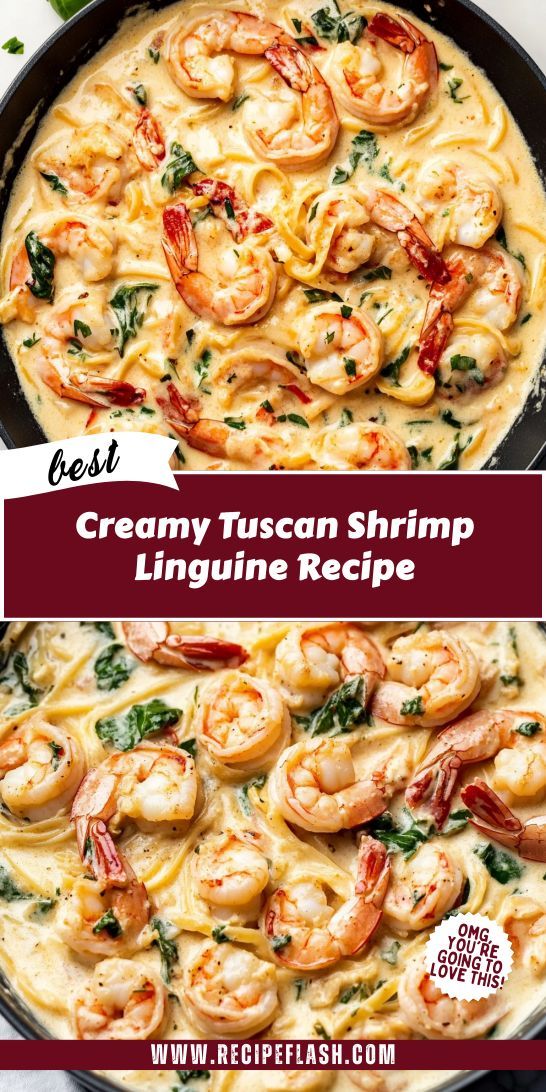 creamy tuscann shrimp linguinne recipe in a skillet