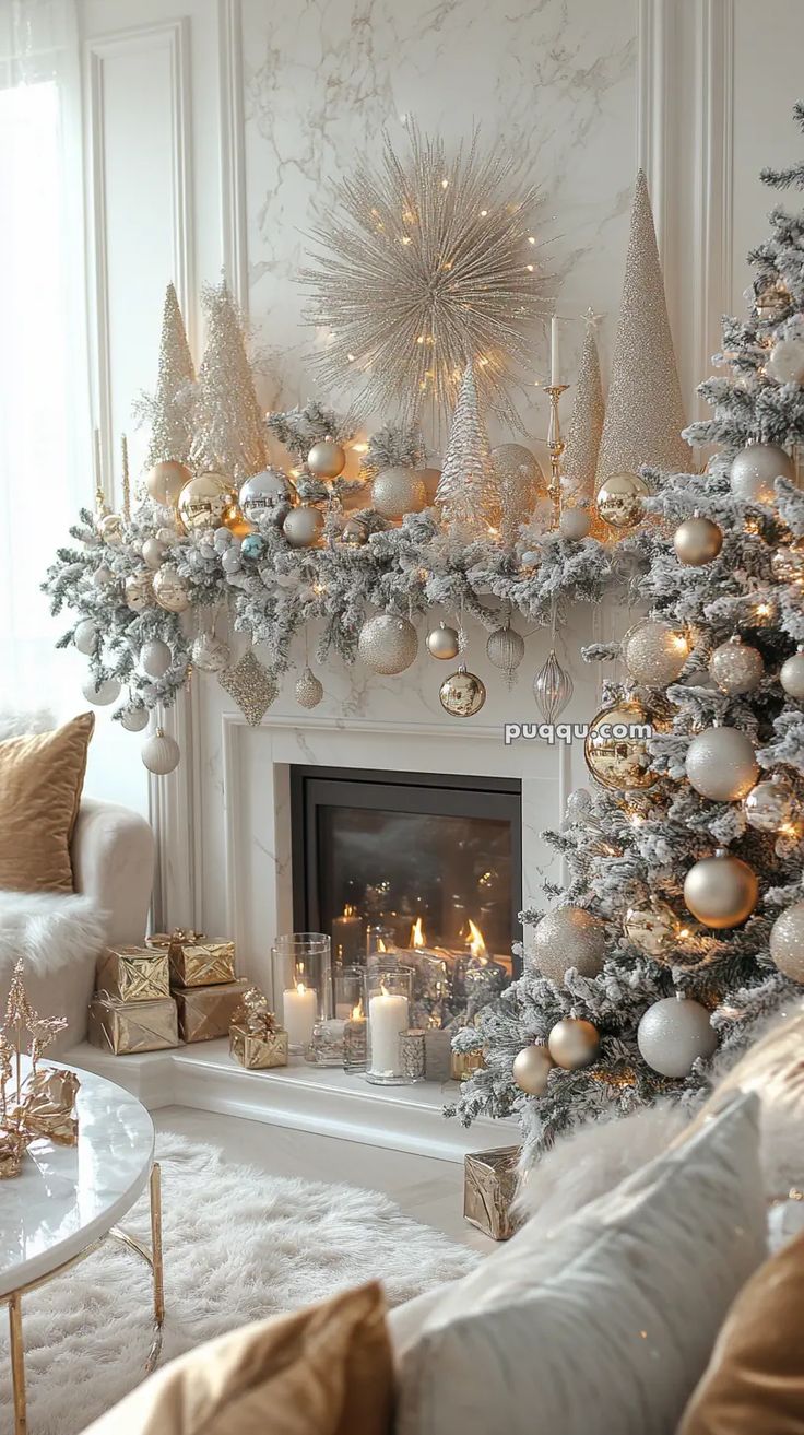 a living room decorated for christmas with white and gold decorations on the fireplace mantel