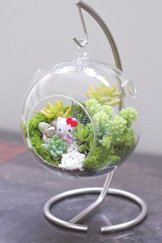 a glass ball with succulents and other plants in it on a metal stand