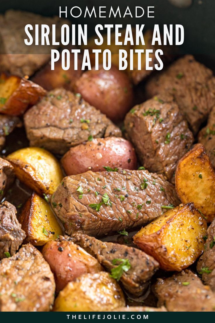 steak and potatoes in a skillet with text overlay