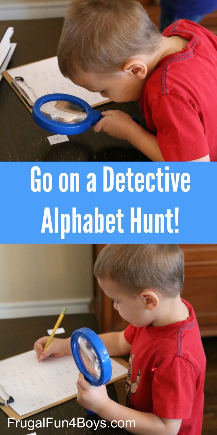 a young boy is looking through a magnifying glass and writing on paper with the words go on a detective alphabet hunt