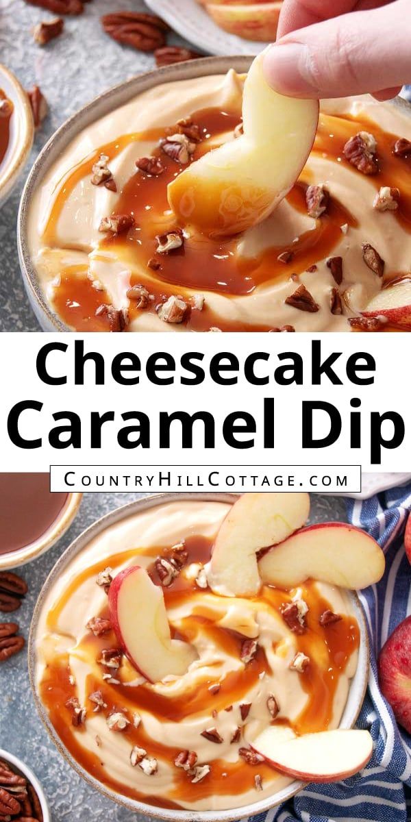 cheesecake caramel dip with apples and pecans on the side in a bowl