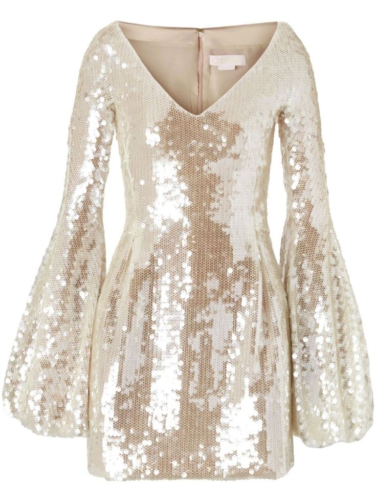 gold-tone sequin embellishment V-neck rear zip fastening long sleeves flared cuffs straight hem thigh-length Short Sequin Dress, Swift Concert, Embellished Midi Dress, Sequin Embellishment, Long Sleeve Cocktail Dress, Sequin Midi Dress, Purple Mini Dresses, Wardrobe Edit, Strapless Midi Dress