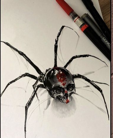 a drawing of a spider sitting on top of a piece of paper next to two markers