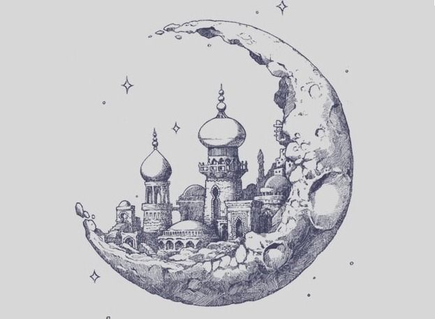 a drawing of a moon with buildings on it