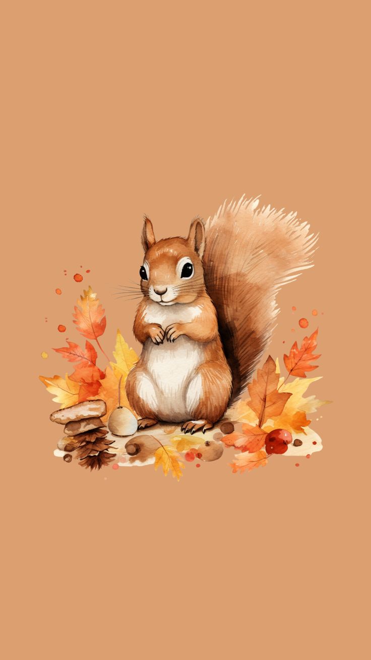 a painting of a squirrel sitting on the ground with autumn leaves around it and an acorn