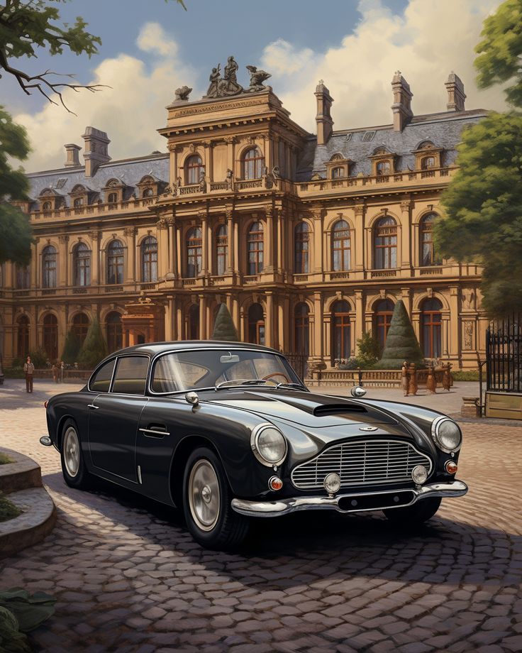 a painting of a classic car parked in front of a large building on a cobblestone road