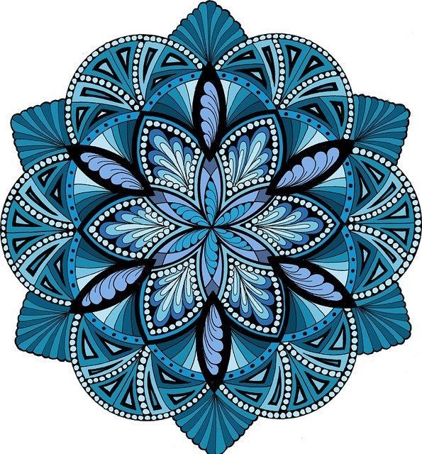 a blue and black circular design on a white background, with lots of details in the middle