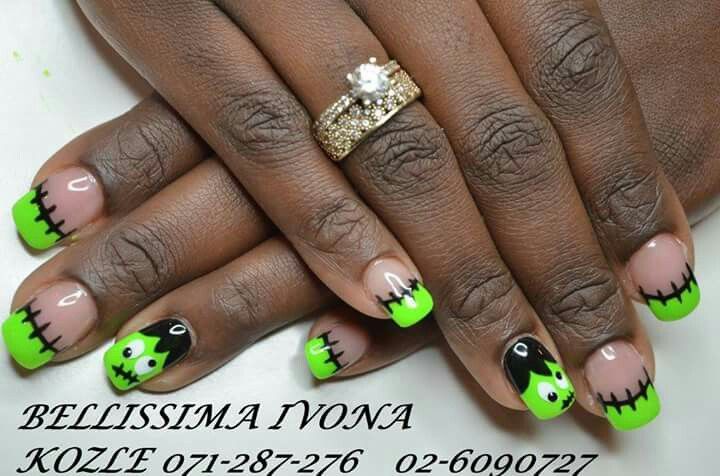 Frankenstine Nails, Frankenstein Nails Halloween, Frankinstine Nails, Frankenstein Nails Acrylic, Halloween Nails Frankenstein, Frankenstein Nail Art, Halloween French Tip Nails, Frankenstein Nails, Candy Corn Nails