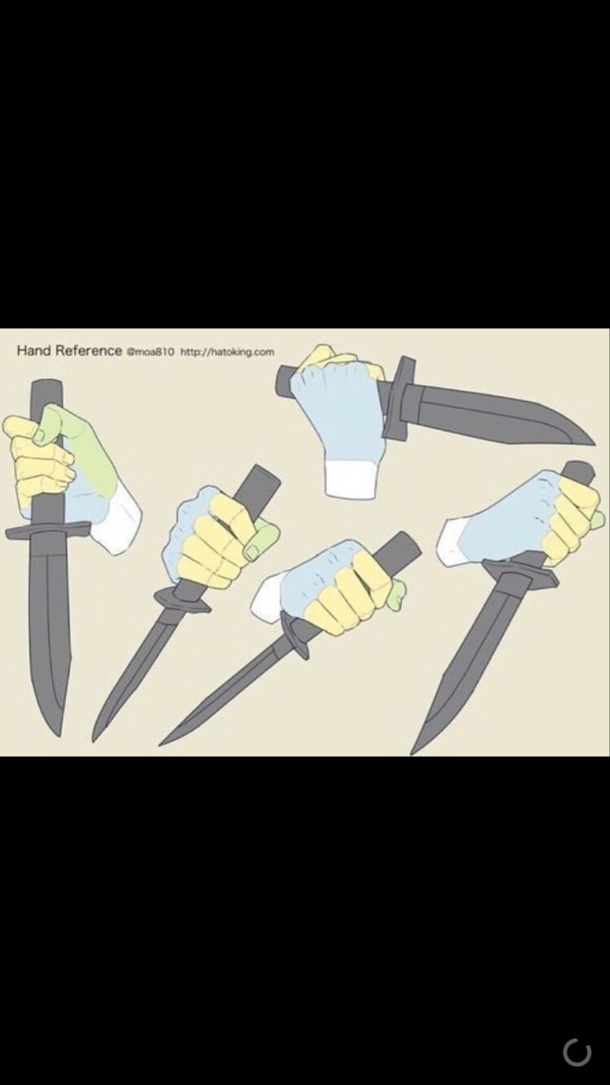 several different types of knifes with hands holding knives in each hand and pointing at them