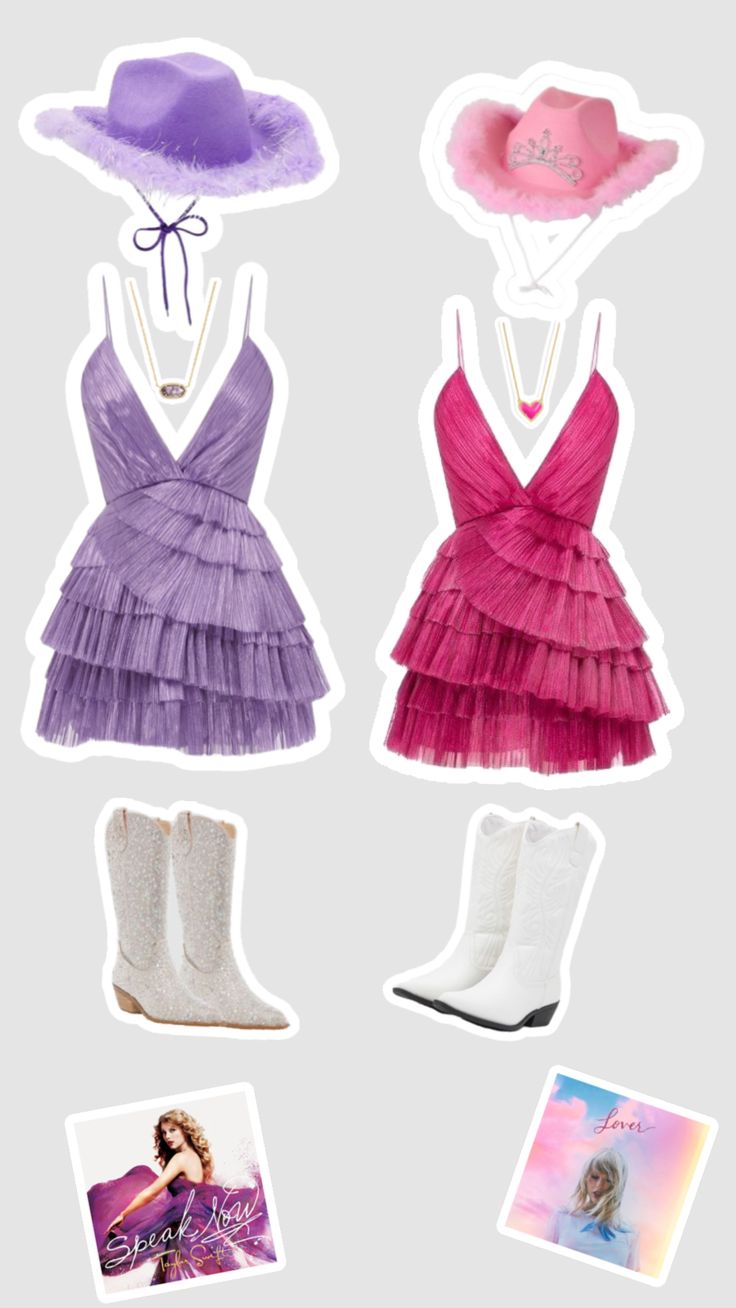 four different colored dresses and hats with pictures on the bottom one is pink, purple, and white