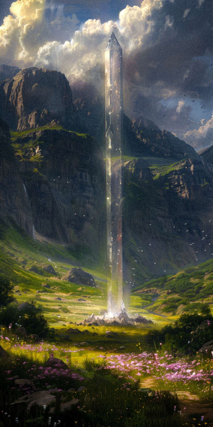 a painting of a tall tower in the middle of a mountain