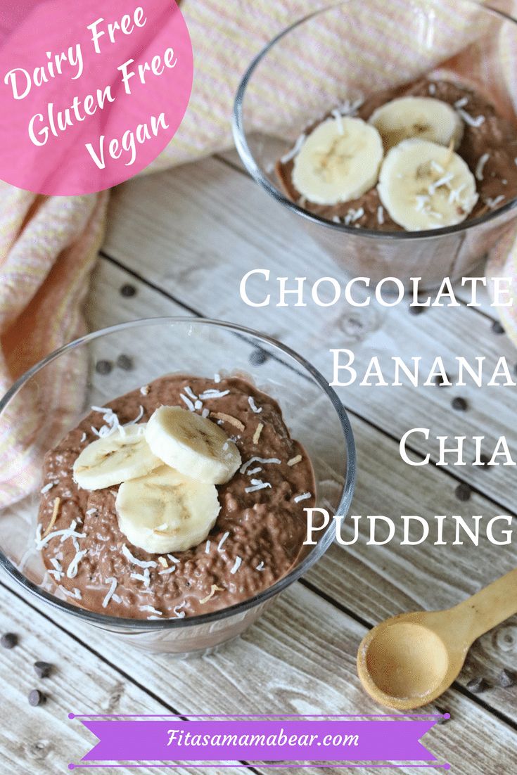 chocolate banana chia pudding in glass bowls with spoons and pink napkin on wooden table