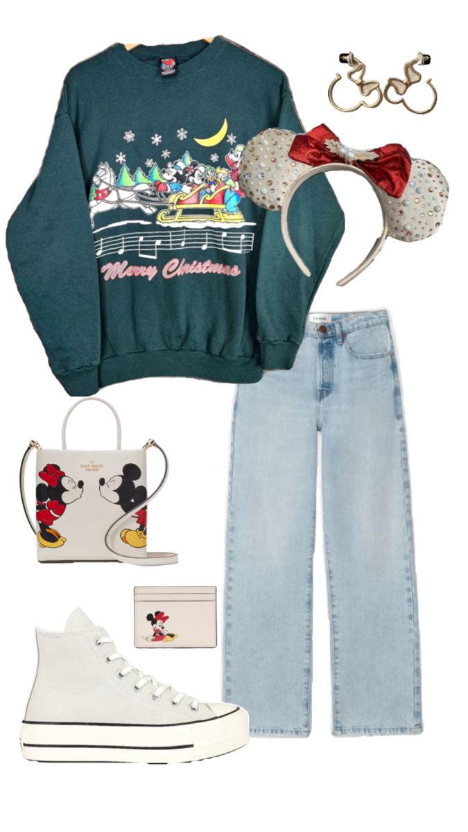 a woman in green sweater and jeans with mickey mouse ears on her head, converse sneakers and