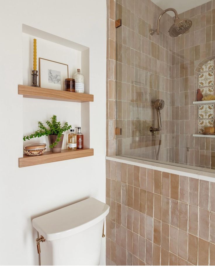 a bathroom with two shelves on the wall