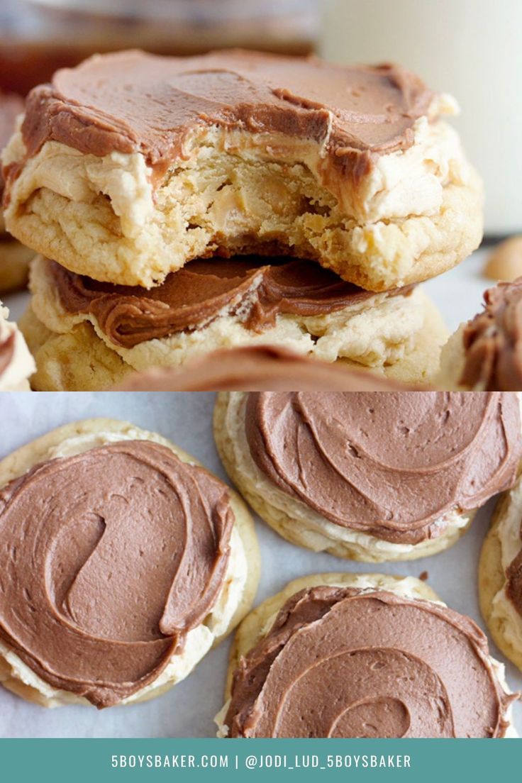 cookies with chocolate frosting on top and one cookie cut in half