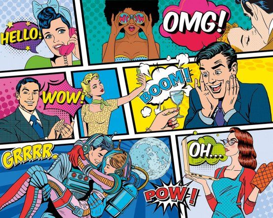 an image of comic book covers with people talking and having fun on the phone together