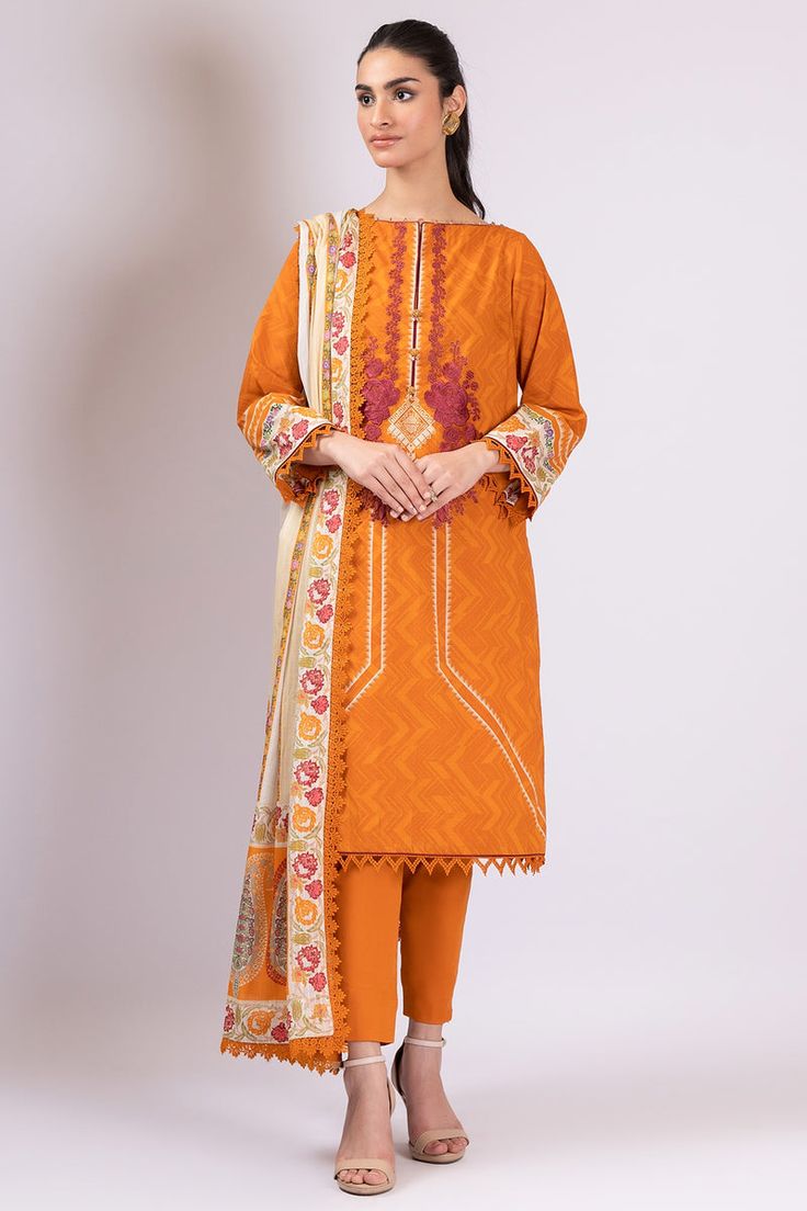 Yellow Unstitched Suit With Digital Print, Yellow Digital Print Unstitched Suit, Unstitched Orange Lawn Suit With Digital Print, Traditional Orange Lawn Suit With Digital Print, Festive Orange Printed Lawn Suit, Orange Printed Cotton Lawn Suit, Unstitched Orange Lawn Suit With Printed Motifs, Pakistani Suits Online, Branded Clothes