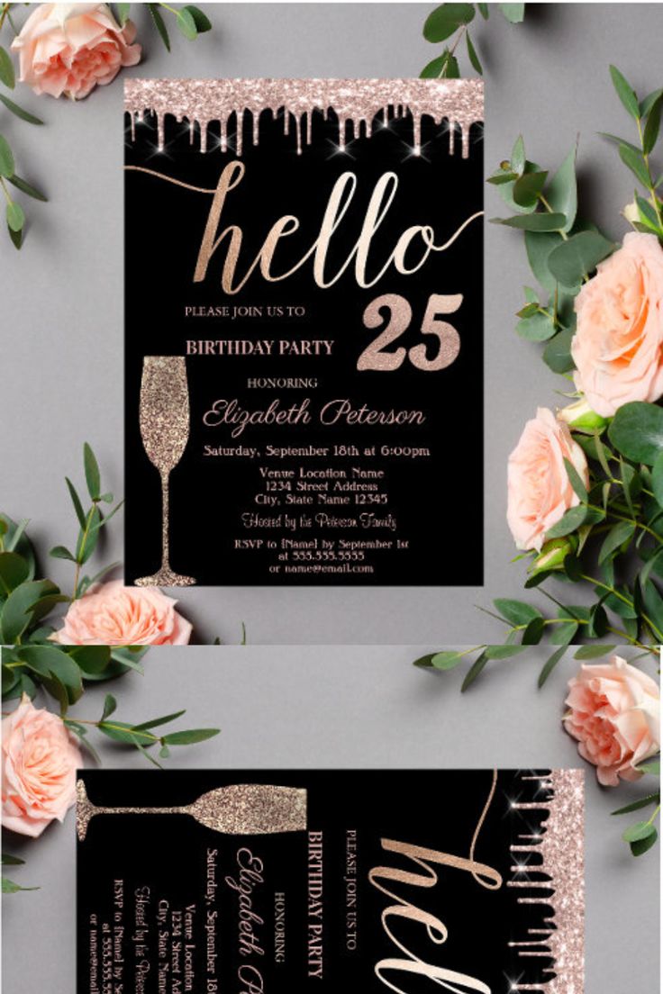 a black and gold birthday party with roses, greenery and champagne glasses on it