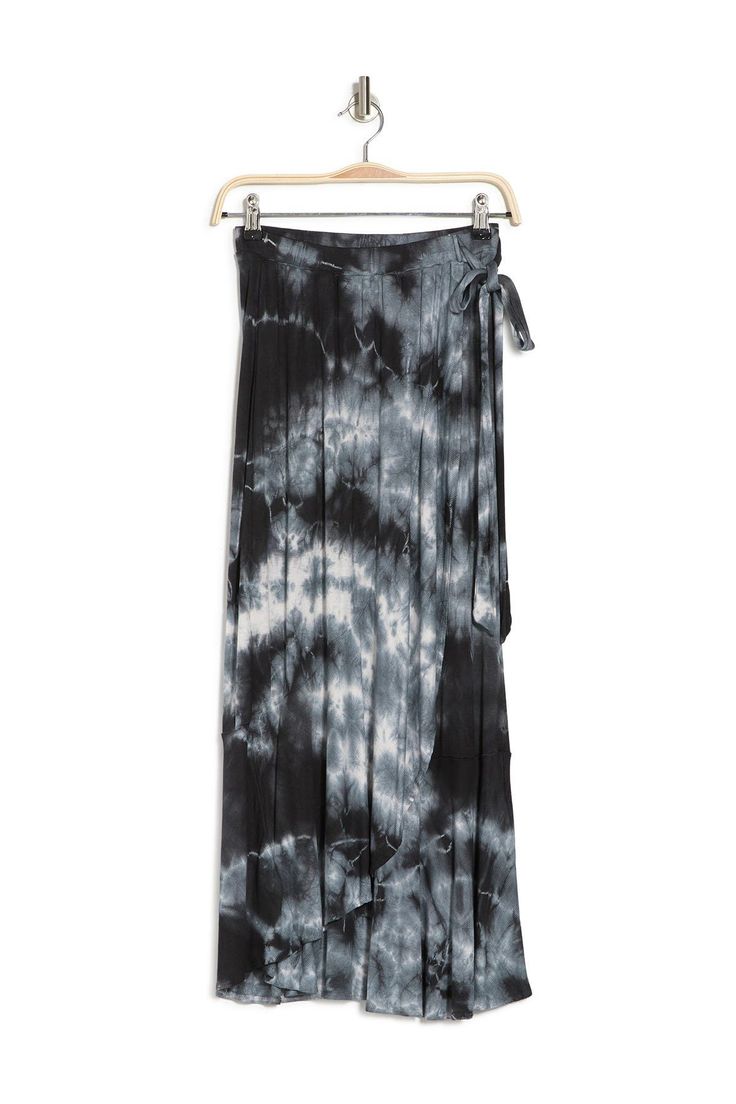 A pretty faux wrap midi skirt features ruffled trim for effortless feminine style.- Elasticized waist- Attached tie bow- Jersey knit construction- Ruffled hem- Approx. 34" length (size S)- Made in USA of imported materials Machine wash cold 90% micro modal, 10% spandex High Low Maxi Skirt, Wrap Midi Skirt, Black Tie Dye, Tie Bow, Ruffle Trim, Feminine Style, Black Tie, Tie Dye Skirt, High & Low