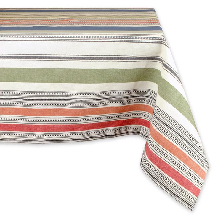 an image of a table cloth with multicolored stripes on the top and bottom