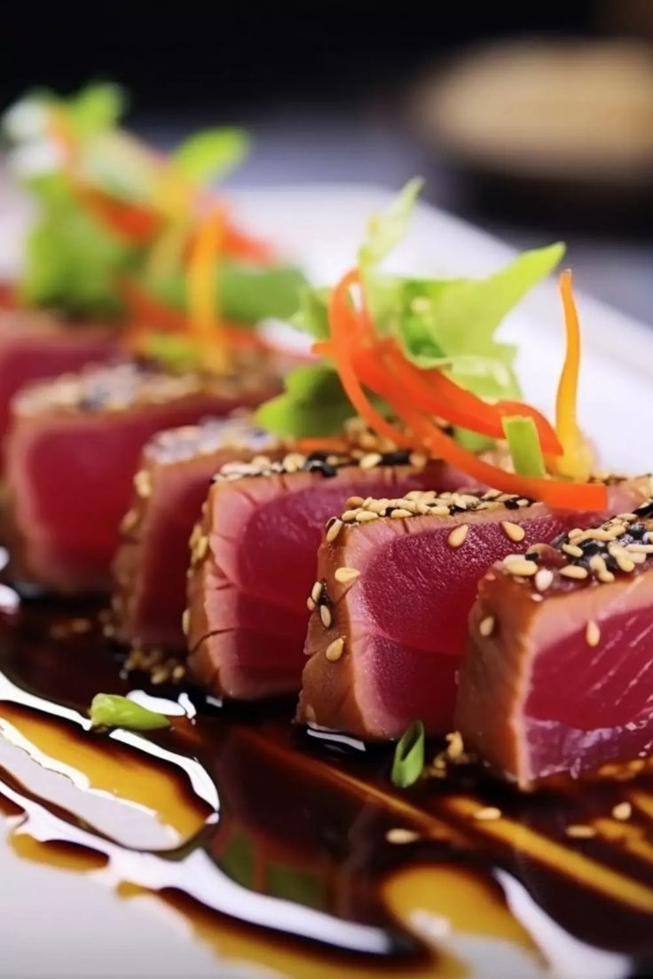 sushi on a plate with sesame seeds and garnish