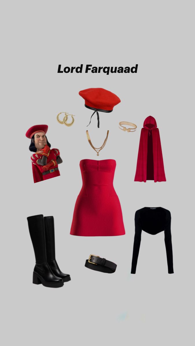 red dress, black boots, red cape, black belt, gold jewelry, easy last minute costumes for Halloween, funny Shrek Lord Farquaad, Red Cape Costume, Shrek Costume, Blonde Halloween Costumes, Lord Farquaad, Last Minute Halloween Costume, Classy Halloween Costumes, Halloween Coustumes, Last Minute Halloween